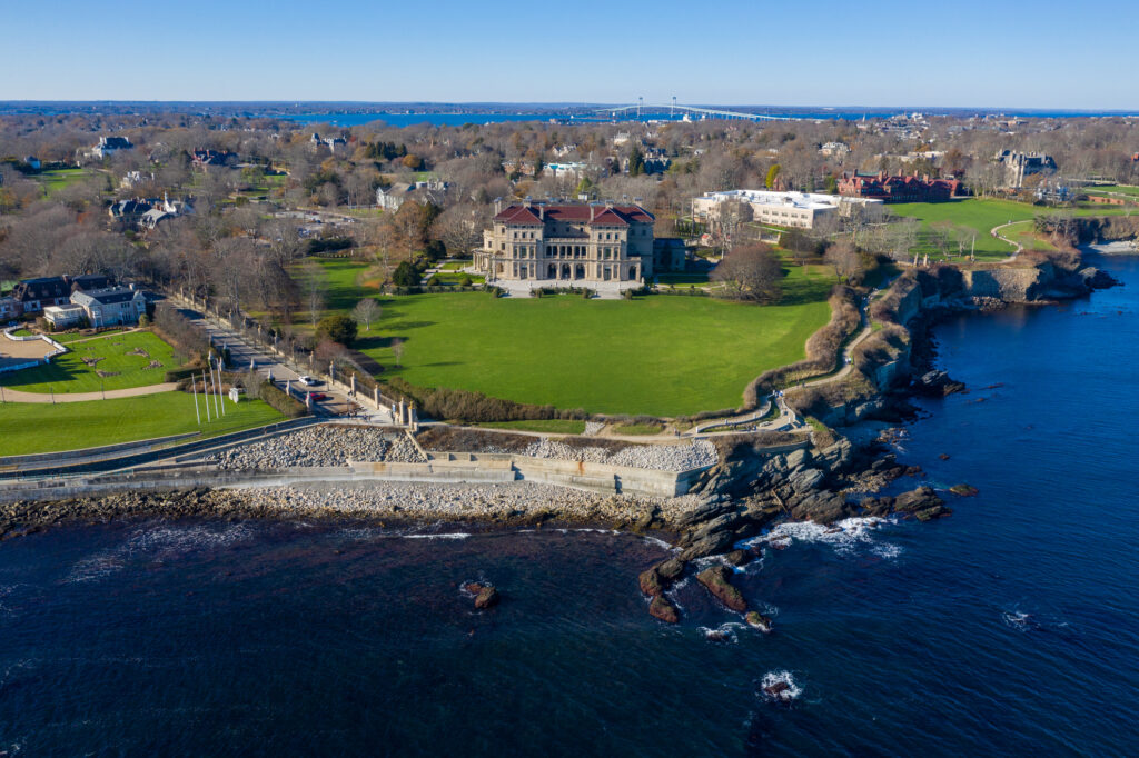 Aerial view of The Breakers and the Cliff Walk in Newport, RI